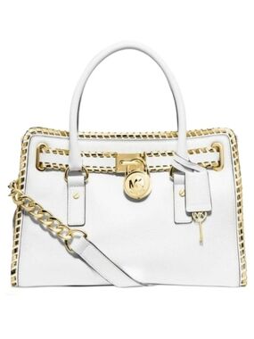 Michael Kors White Gold Hamilton Whipped Leather Satchel Handbag Purse